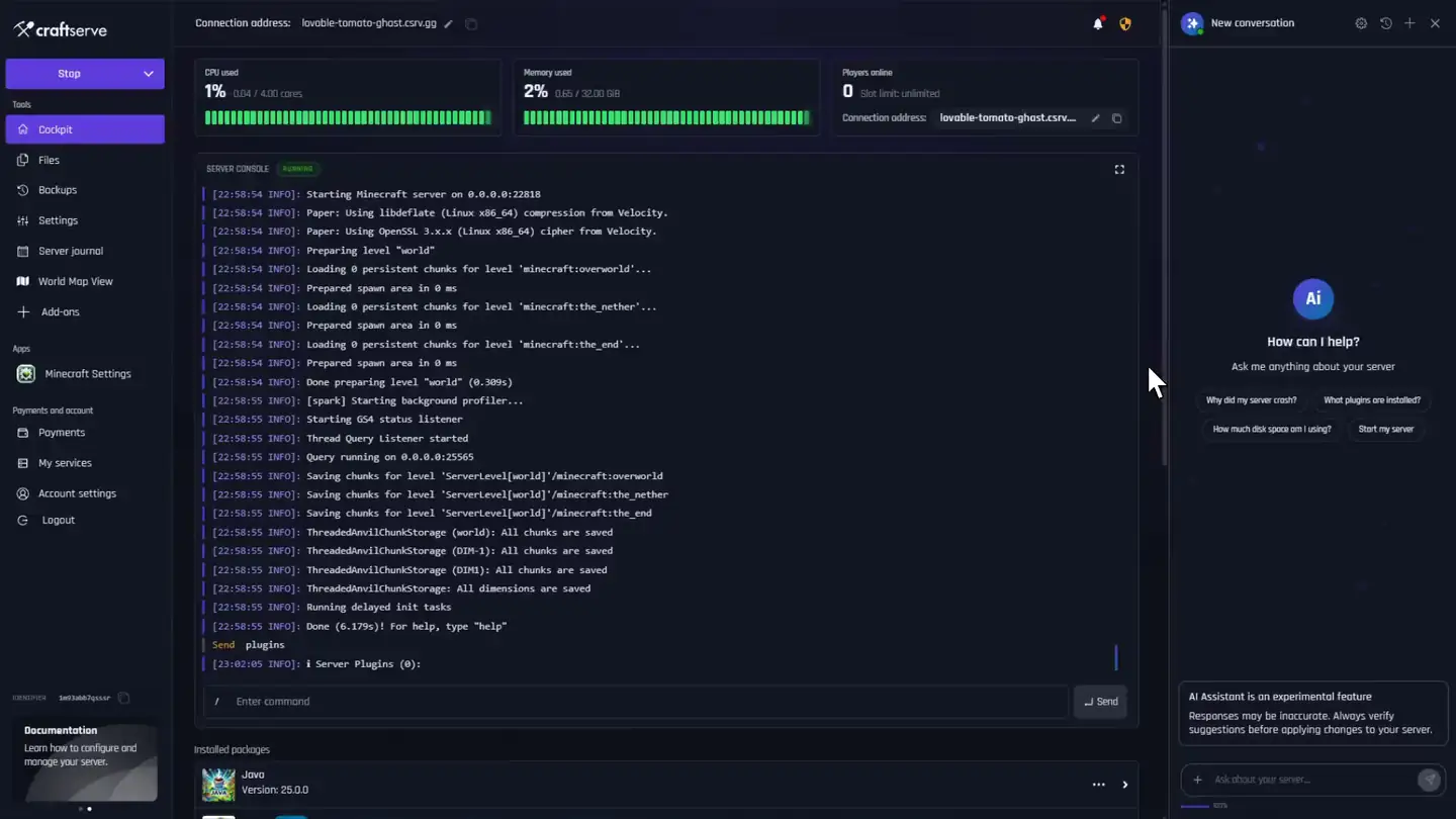 Screenshot of the Craftserve server management panel