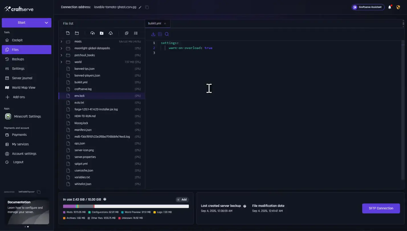 Screenshot of the Craftserve server management panel